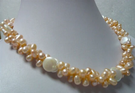 

bjc 000660 2 Rows Real Pink Pearl & White Button Coin Pearl 18KWGP Clasp Necklace