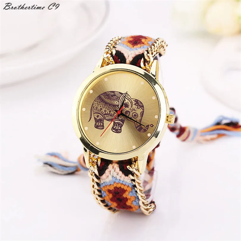 Brothertime C9 New Arrival Women Elephant Pattern Weaved Rope Band Bracelet Quartz Dial Wrist font b
