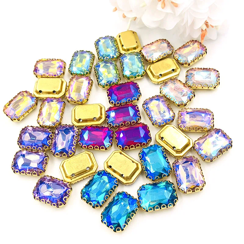 

New arrival Rectangular octagon sew on rhinestones gold base lacy claw glass crystal rhinestones Diy clothing accessories 20pcs