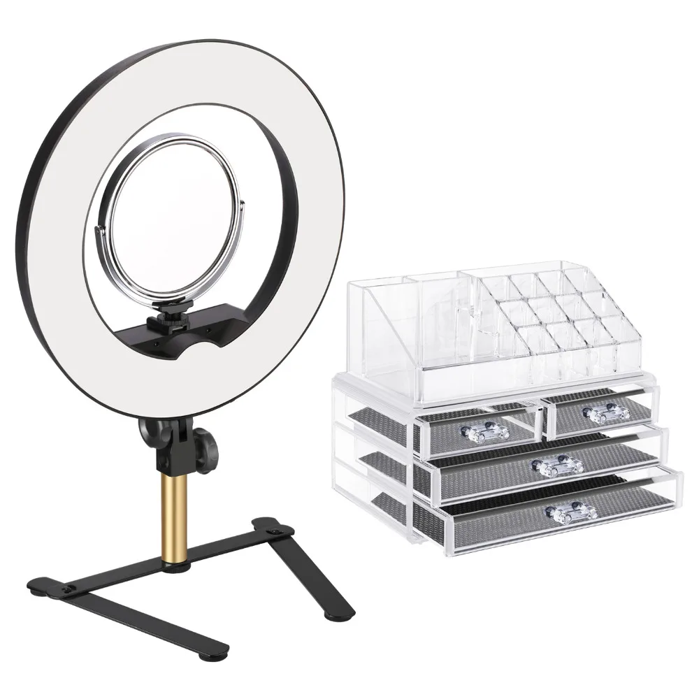 

Neewer Tabletop Ring Light Makeup Kit: 14-inch Outer Dimmable LED Ring Light with 6-inch 2-Side Mirror Desktop Support Stand