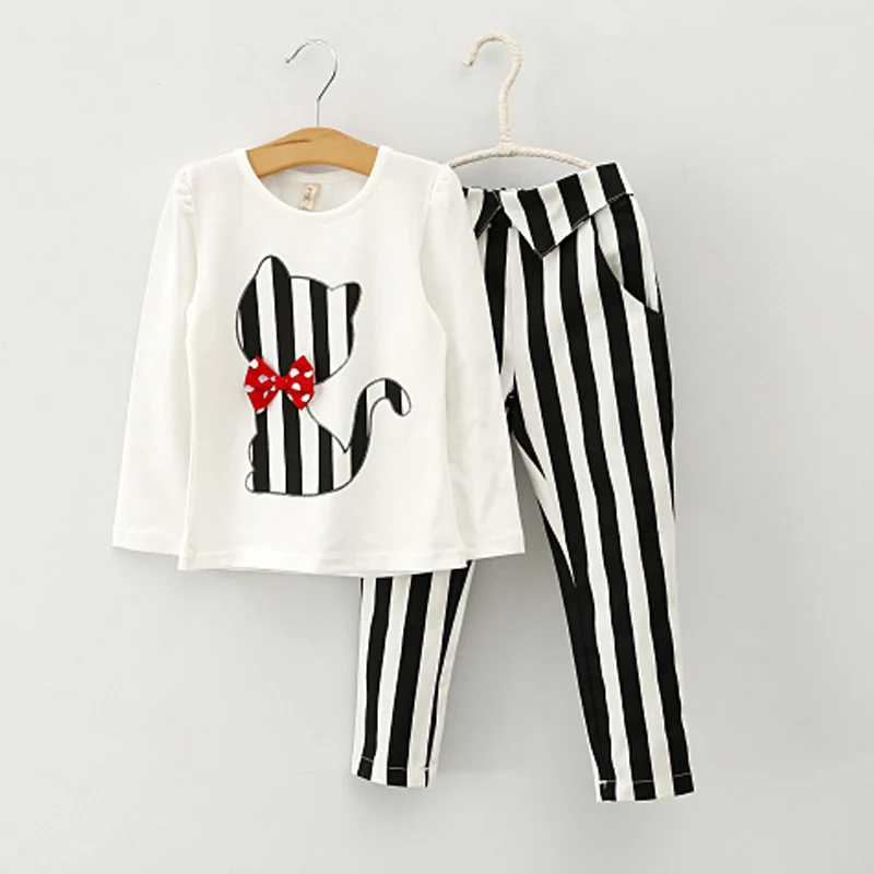 Humor Bear/осенняя одежда для маленьких девочек футболка с длинными рукавами и рисунком кота+ штаны в полоску комплект одежды для девочек, детская одежда - Цвет: white BTZ005