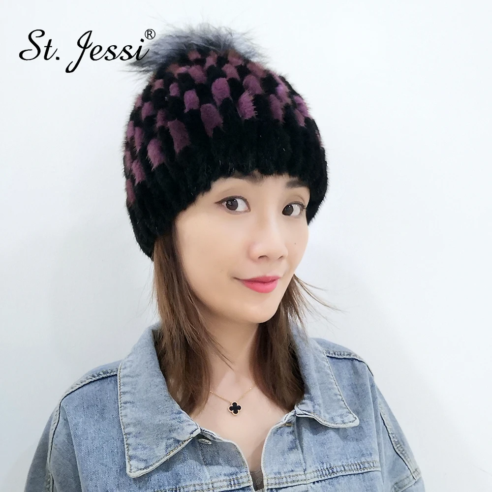 ST. Jessi женские натуральный мех норки, клетчатые головные уборы ручной работы, вязаные с серебристым лисьим мехом шары помпоны, Толстая теплая шапка