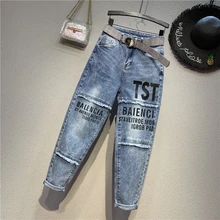 Женские джинсовые штаны; Новинка; сезон весна-осень; Модные свободные женские штаны-шаровары с буквенным принтом и кисточками; студенческие джинсы длиной до щиколотки