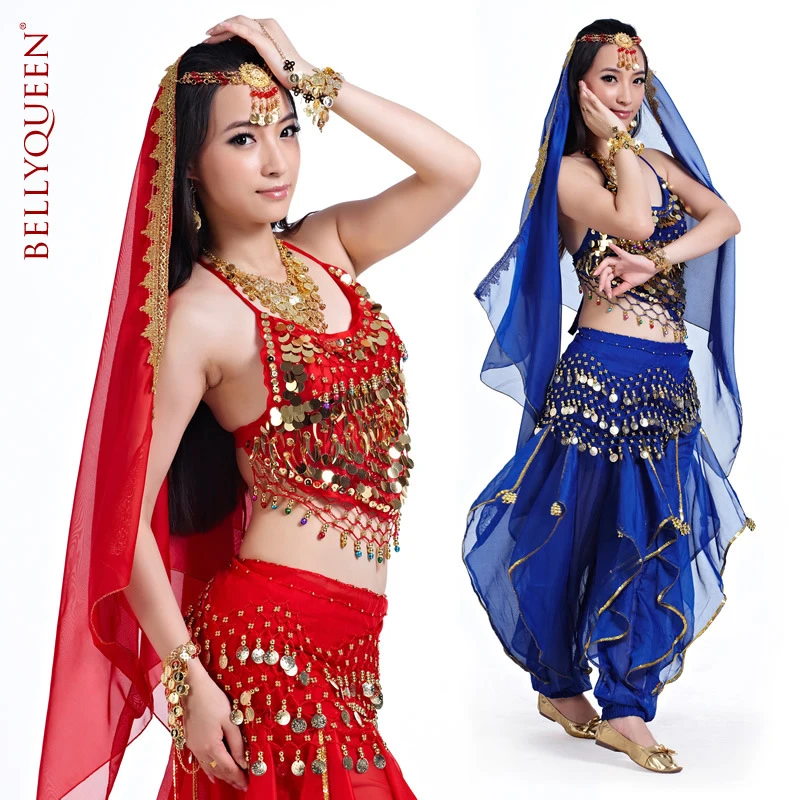 Belly Dance Costumes Set beaded bell tank top+sequins rotating pants+coins hip scarf+head chain+head scarf 5pcs full set SF70 |
