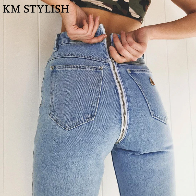 New Versatile Slim Stretch High Waist Light Blue Retro Ass Zipper Pants