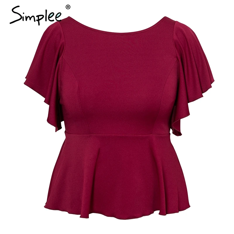 Simplee Plus size womens tops and blouses Elegant o-neck ruffled top shirt female Short sleeve solid high waist peplum blouse