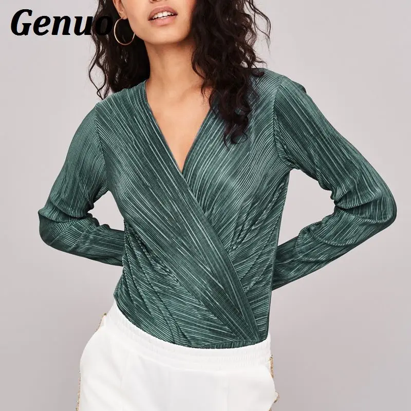 

Genuo Long Sleeve Bodysuit Women Sexy V Neck Jumpsuits Black White Green Body Women Overalls femme monos cortos de mujer 2018