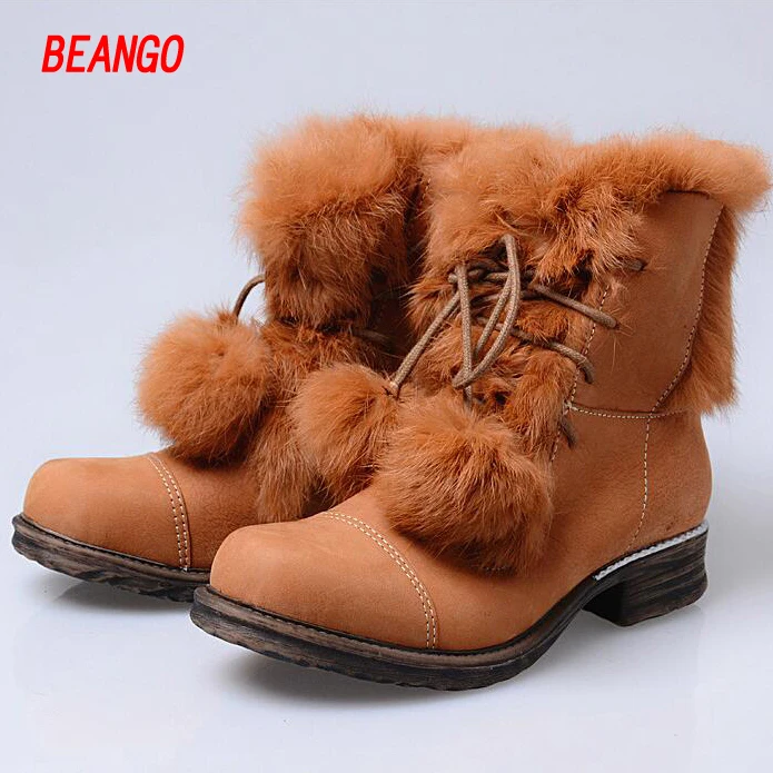 BEANGO Fashion lace up snow boots for women real sheepskin leather ribbit hair warm girls boots Mid Calf 2017 winter new shoes