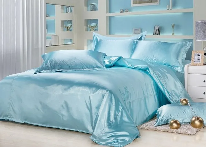 Us 137 75 5 Off 7pcs Aqua Blue Silk Bedding Sets Satin Sheets California King Queen Full Twin Size Duvet Cover Fitted Bed In A Bag Quilt Linen