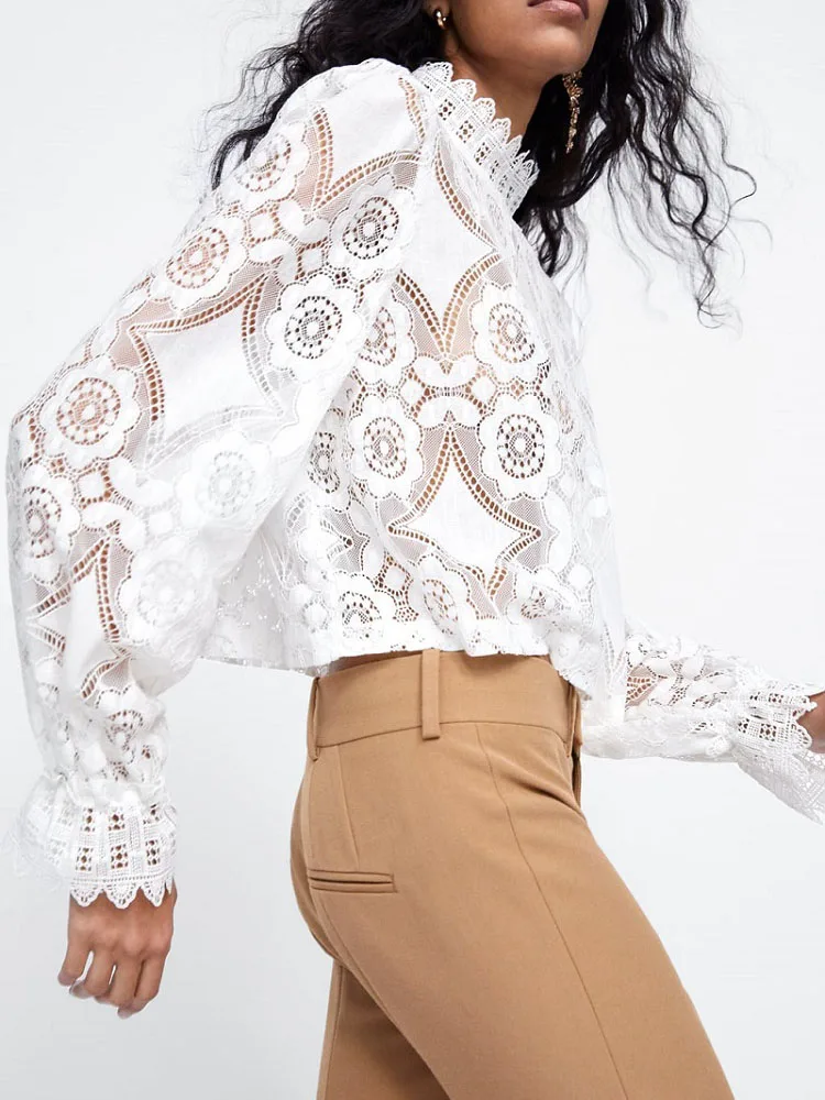  BBWM WOMAN Fashion Za Classic Palace Style Summer White Lace Blouse High Street Petal Sleeve Sexy W