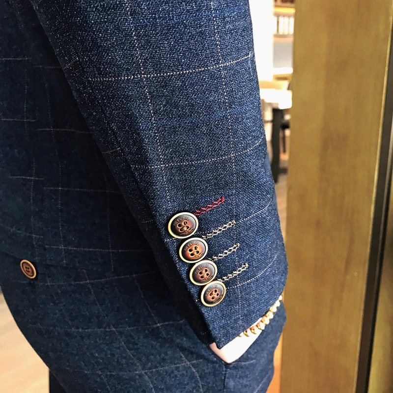 ( Jacket + Pants ) 2018 Spring and Summer New Men's Wedding Fashion Boutique Grid Business Leisure Suits Male Smart Casual Suits