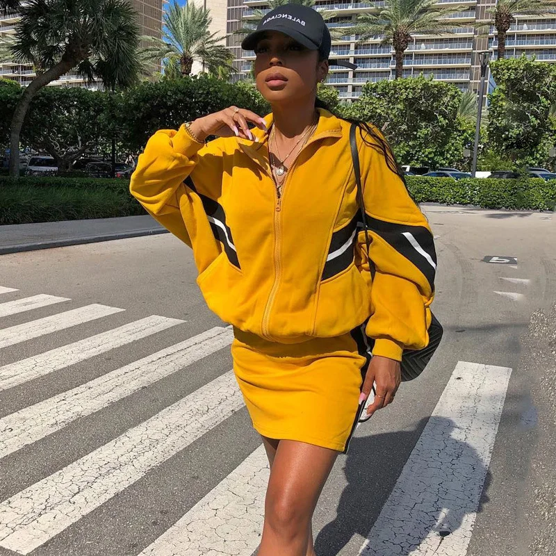 

Matching TWO PIECE SET Skirt Runway Outfit For Women Jacket Dress Tweed Suits Streetwear Twinset Harajuku Yellow Ensemble Winter