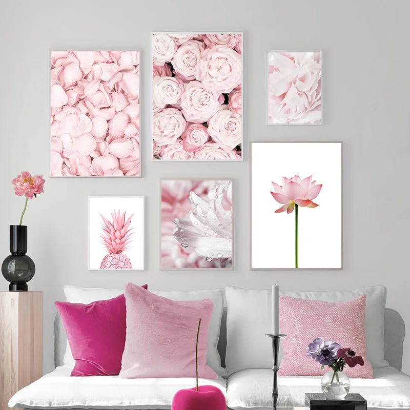 Розовый ананас роза цветок лотоса настенный плакат скандинавский ботанический цветочный принт скандинавский холст живопись современное искусство картина