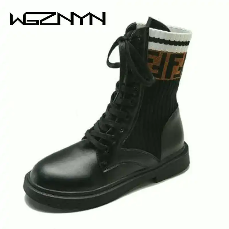 

Women PU Leather and Knitting Patchwork Mid Calf Boots Female Lace-up Shoes Woman Lady Autumn Winter Boot Woman Thick Shoes W409