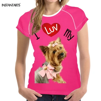 

INSTANTARTS Cute 3D Dog Luv My Yorkshire Terrier Print T Shirt Women Brand Design Short Sleeve Tees Clothing Casual Pink T-shirt