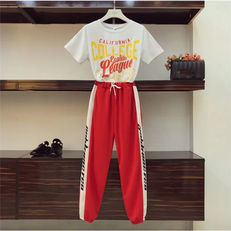 

Casual Tracksuit Women Hip hop Loose Pants Suits 2019 Summer Letter Print Tshirt and Red Loose Pants Two Piece Students Pant Set