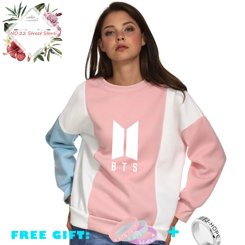 2018 Новый Для женщин BTS лоскутный свитер Kpop Стиль Harajuku Повседневное Осенне зимняя