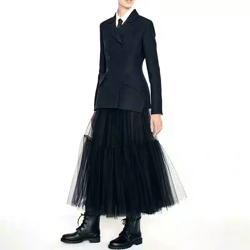 

EXCOSMIC Women Long Dot Black Tutu Skirt Hight Waist Pleated Tutu Large Pendant Maxi Skirt Fashion Runway Lolita 2019 SS