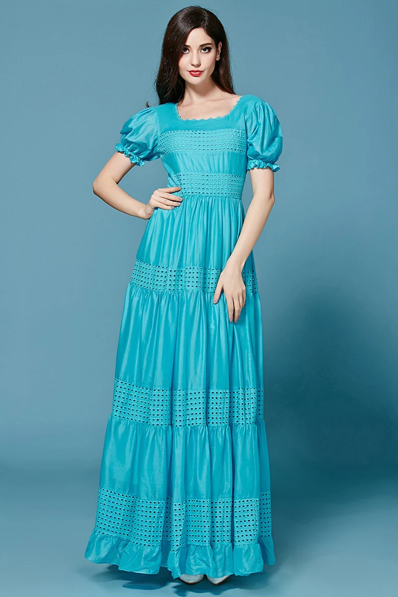 

Maxi Dress 2015 Summer New Fashion Women's Elegant Backless Short Puff Sleeve Hollow Out Draped Pure Green / Blue Runway Dress