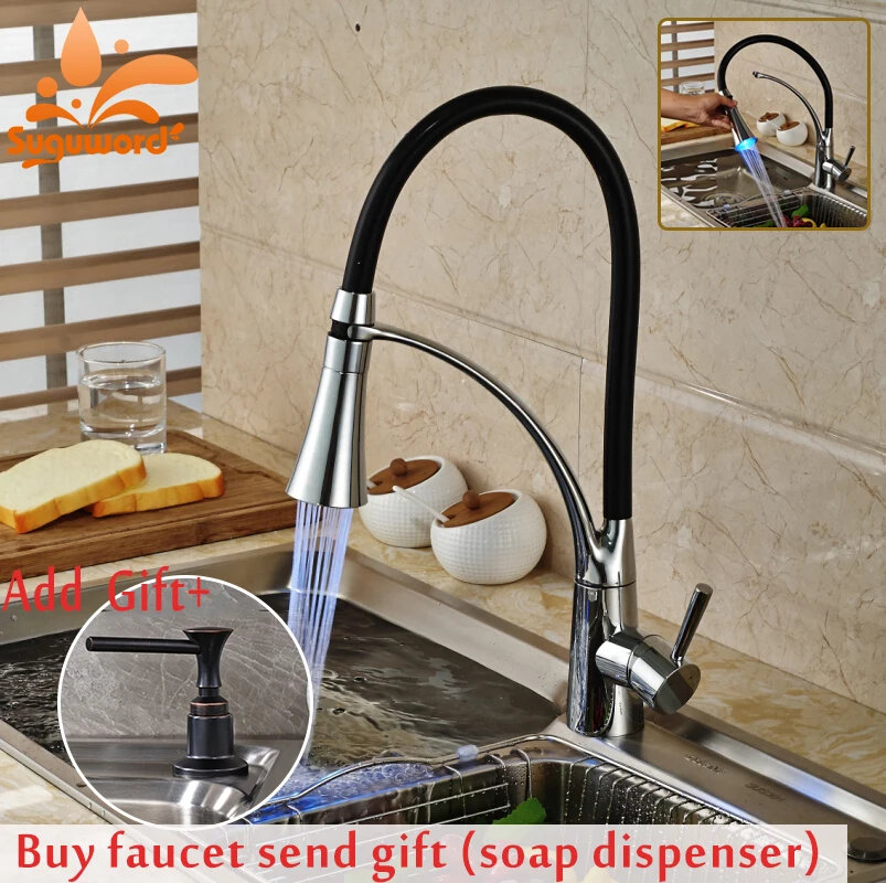 

LED Chrome Kitchen Faucet 360 Degree Rotation Pull Out Faucet Hot and Cold Water Mixer Taps Torneira