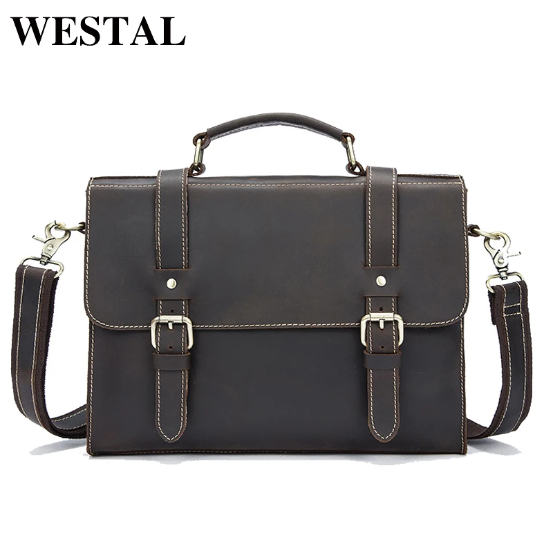 WESTAL الرجال أكياس مجنون الحصان الجلود عارضة حقيبة محفظة جلد طبيعي رجل حقيبة أعمال رسول الكتف محمول 9027