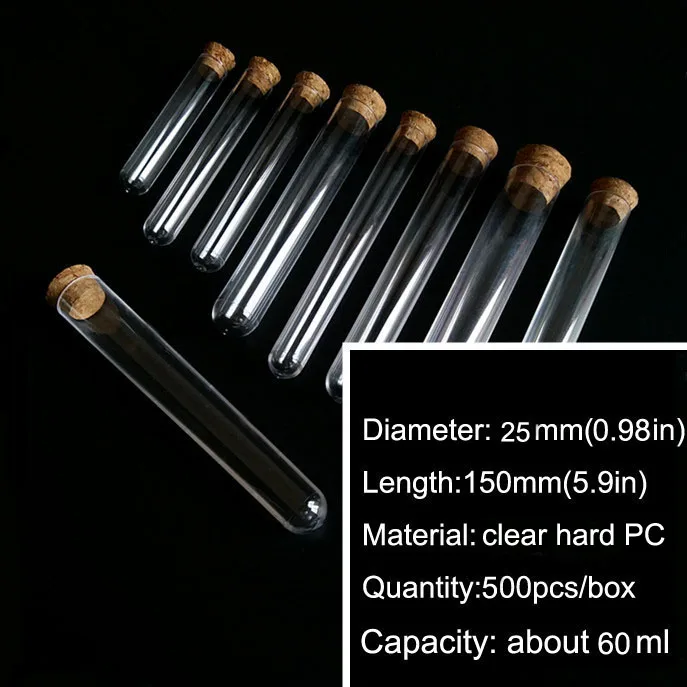 

Wholesale 500pcs/Pack 25*150mm( 0.98*5.9 in) 60ml Transparent Hard Plastic Test Tube with Cork Stopper Free Shipping