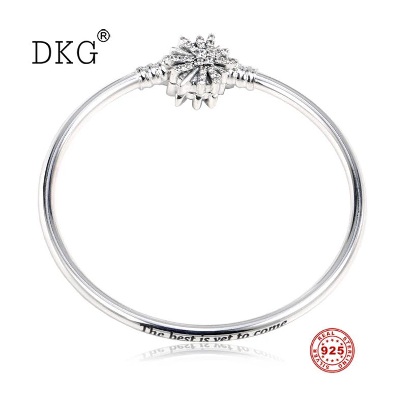 

NEW 925 Sterling Silver Moments Bangle with Pave Crystal with Snowflower Clasp Clear CZ Fit Pan Charm Basic Bangle DIY Jewelry