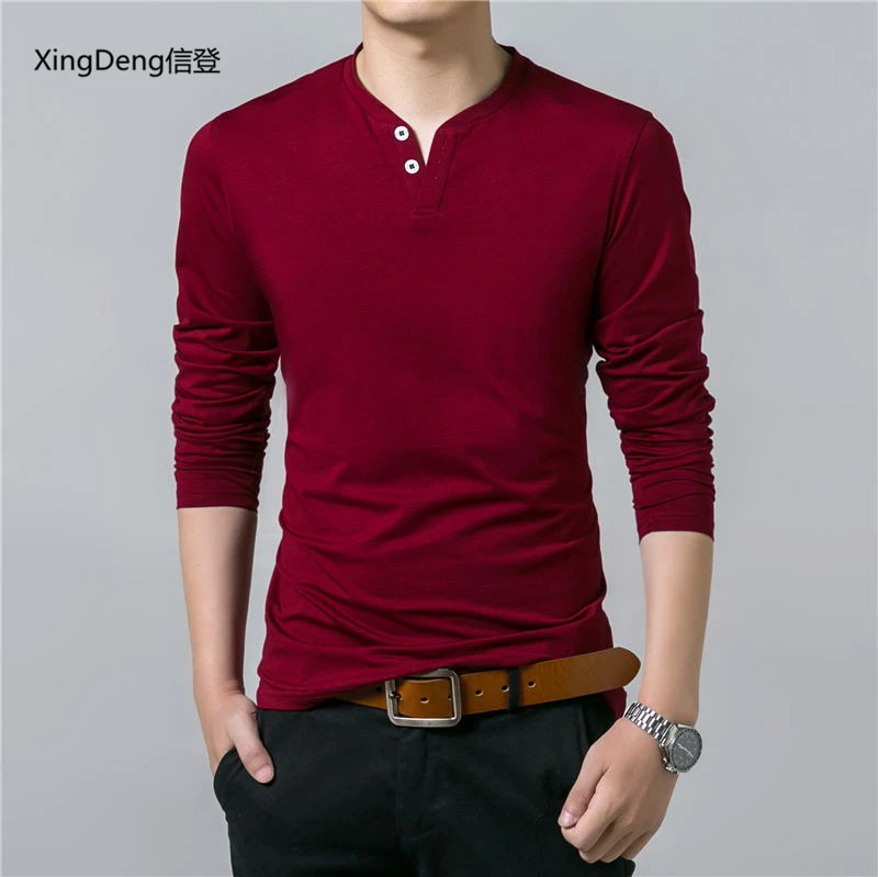 XingDeng Новый Хлопок Slim Fit Топ футболка для мужчин сезон: весна-лето брендовая мягкая чистая мода с длинным рукавом Генри футболка рубашк