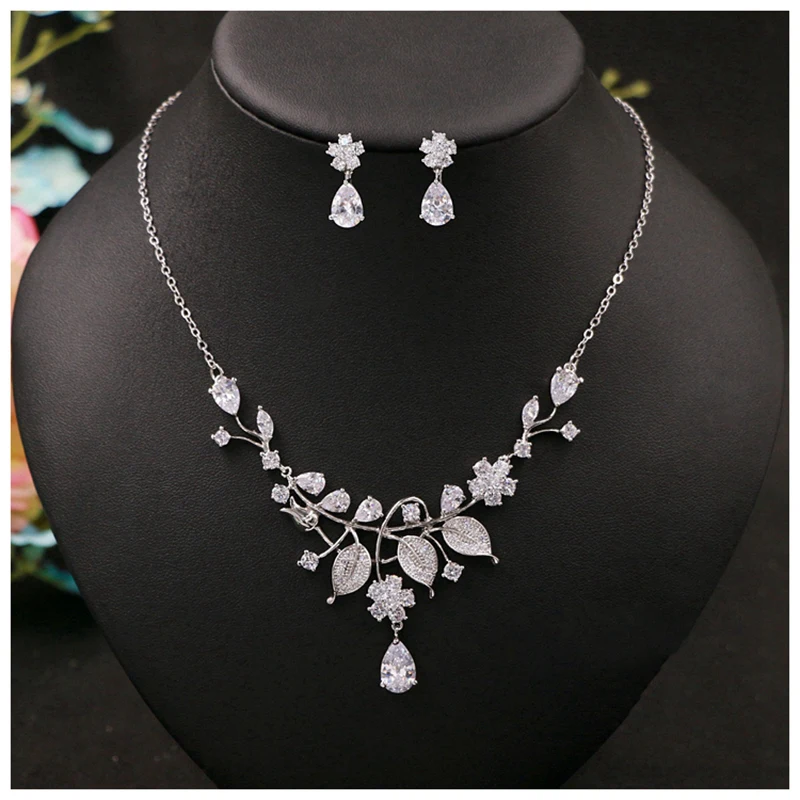 

Trendy Wedding Jewelry Accessories Zircon Women Prom Pageant Necklace Earring Sets Leaves Crystal Necklace and Earrings Sets