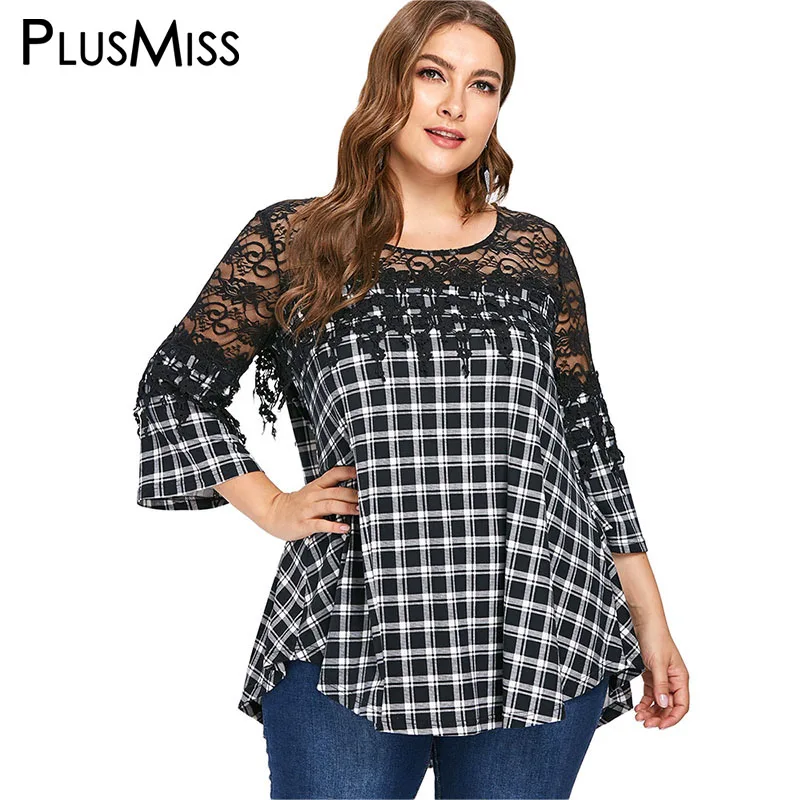 PlusMiss размера плюс XXXXXL с кружевным плетением сексуальная блуза в клетку Для