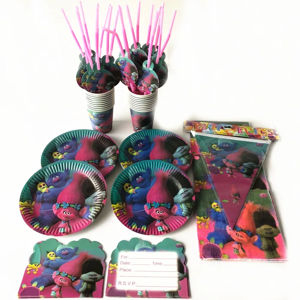 91pcs/lot New Birthday Decoration Trolls Theme Disposable Paper Cups/Glass + Plates Kids Boys Girls Event Party Supplies | Дом и сад