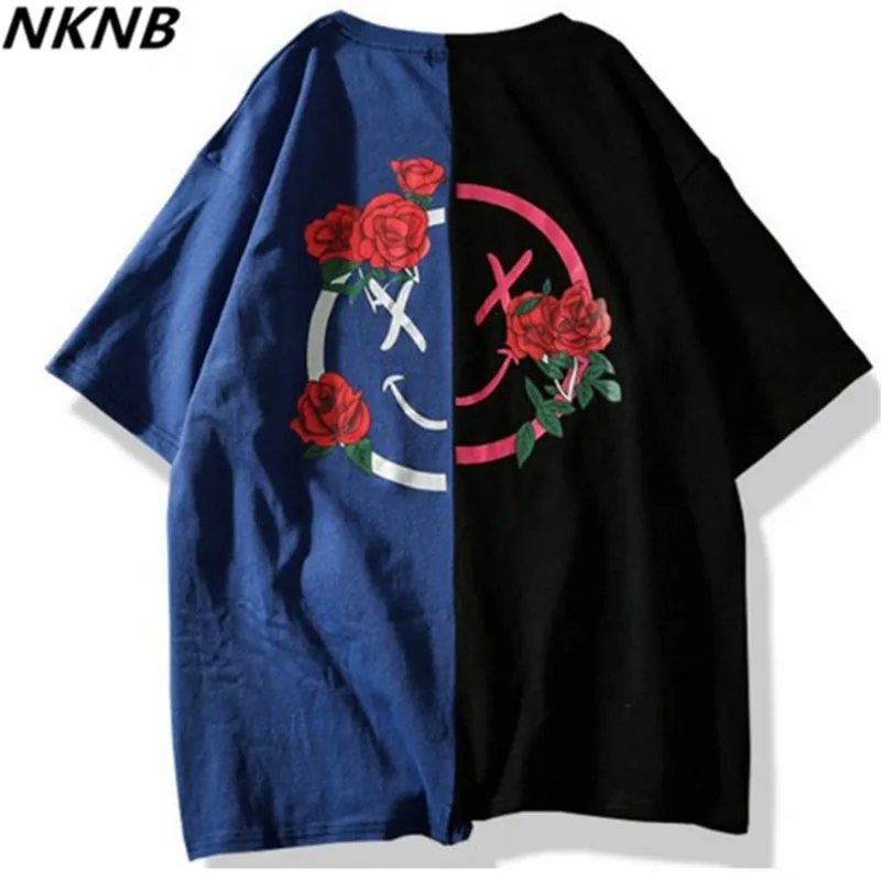 

T-shirt Men Flower Printed T Shirts Hit Color Patchwork 2018 Summer Short Sleeve Lover Fashion Hip Hop Tshirts LQ12