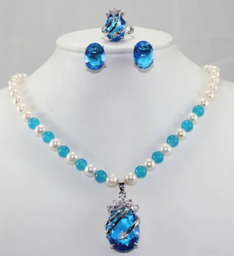 

pearl/blue jade/opal necklace +blue zircon pendant earring ring 5.27
