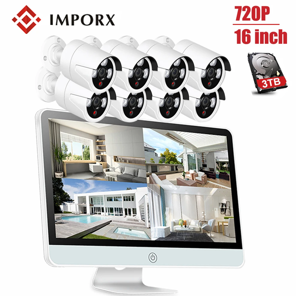 

IMPORX 8PCS 720P HD Video Surveillance 8CH NVR CCTV Camera Security System Kit IP66 Waterproof Security Camera System With16"LCD