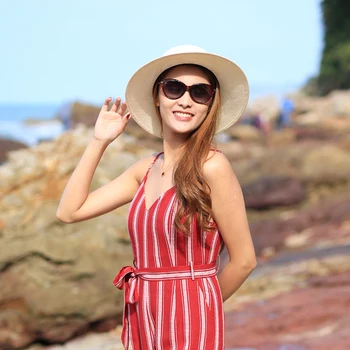 

Sedancasesa Women's Ivory Wide Brim Straw Hats for Women Handmade Lace Beach Summer Sun Caps Straw Cap Portable Sun Hat for Girl