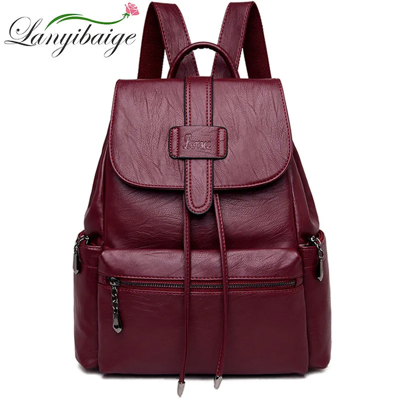 cheap 2019 Women Vintage Leather Backpacks Ladies Sac a Dos Female Backpacks For Girls Large Capacity Travel Shoulder School Bag Girls