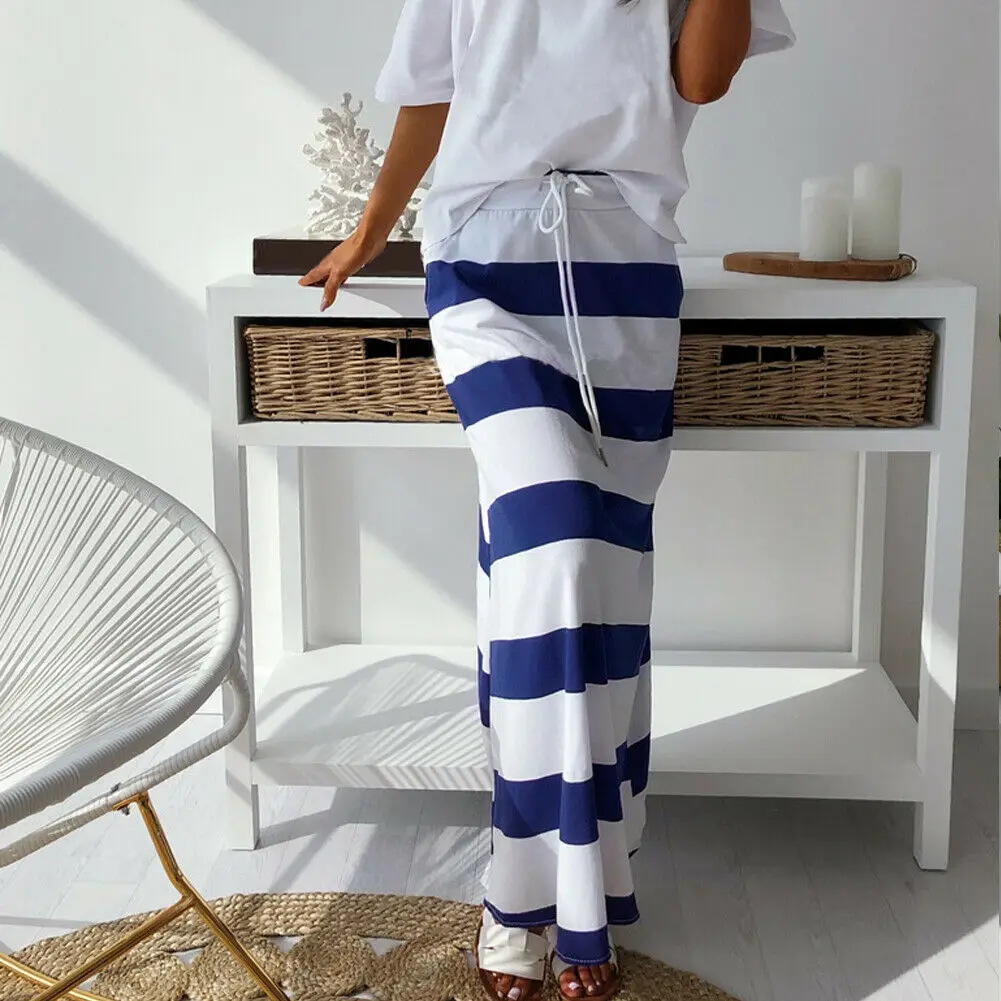 Летние повседневные женские синие белые в полоску длинные юбки для дам с высокой эластичной талией в полоску свободные длинные макси юбки Новинка - Цвет: Синий
