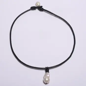 

Gourd Shape Big Baroque 14 mm Pearl Pendant Black Leather Cord to Send My Mother