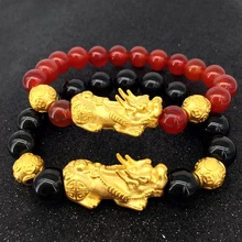 Новые украшения из настоящего золота Шарм pixiu Храбрые войска, черный красный агат, тигр обсидиановый глаз обувь для мужчин и женщин браслет