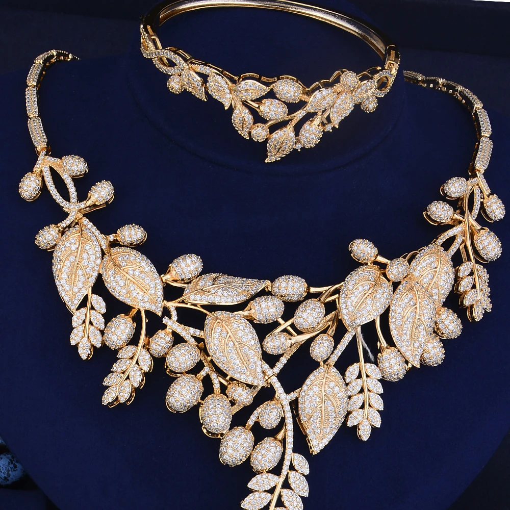 GODKI Hot Sale Gold Plant Shape Necklace Earrings Bracelet Ring Jewelry Set Cubic Zirconia Bridal Wedding Engagement Best Gift