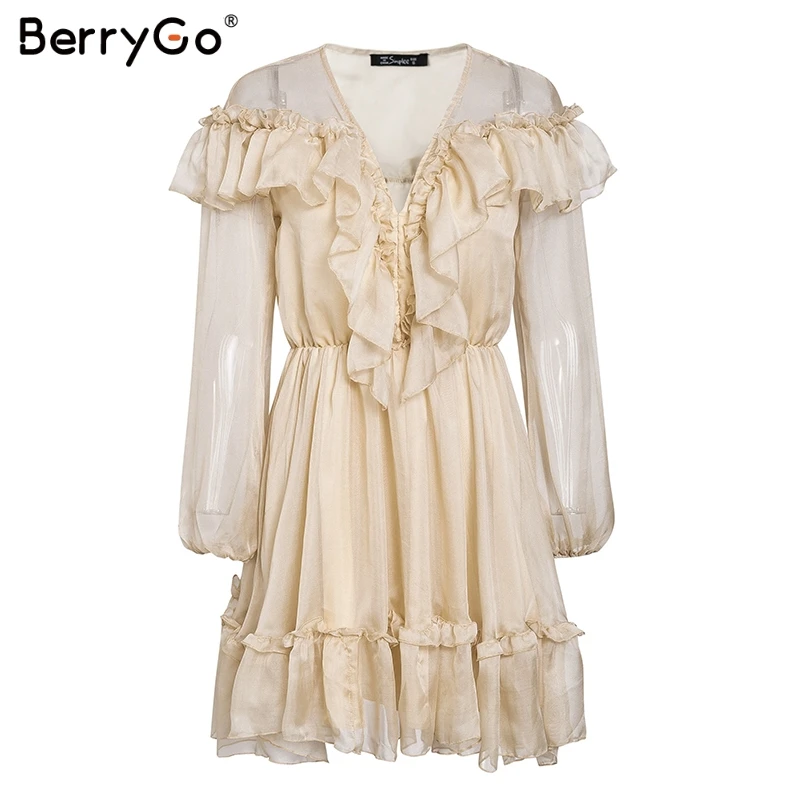 BerryGo сексуальные с v-образным вырезом гофрированные женские платья элегантные с длинным рукавом сетчатая подкладка вечернее платье Эластичная Высокая талия женские платья vestidos - Цвет: Шампанское