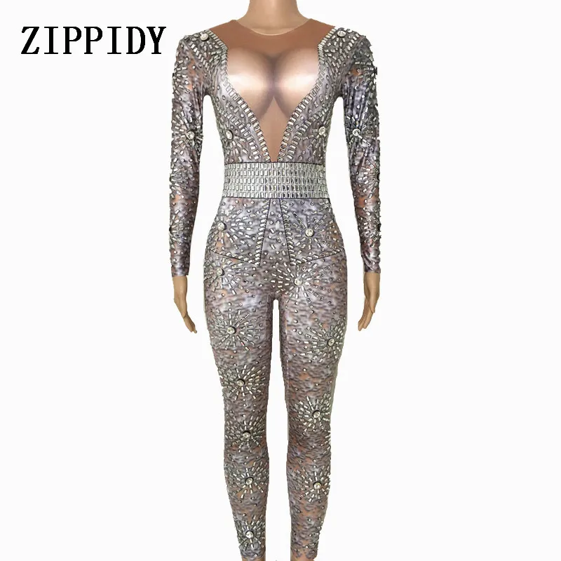 

Sparkly Crystals Jumpsuit Women's sexy Nude Leggings Bodysuit Costume Dance Stage Wear Female Singer Big Stretch Outfit