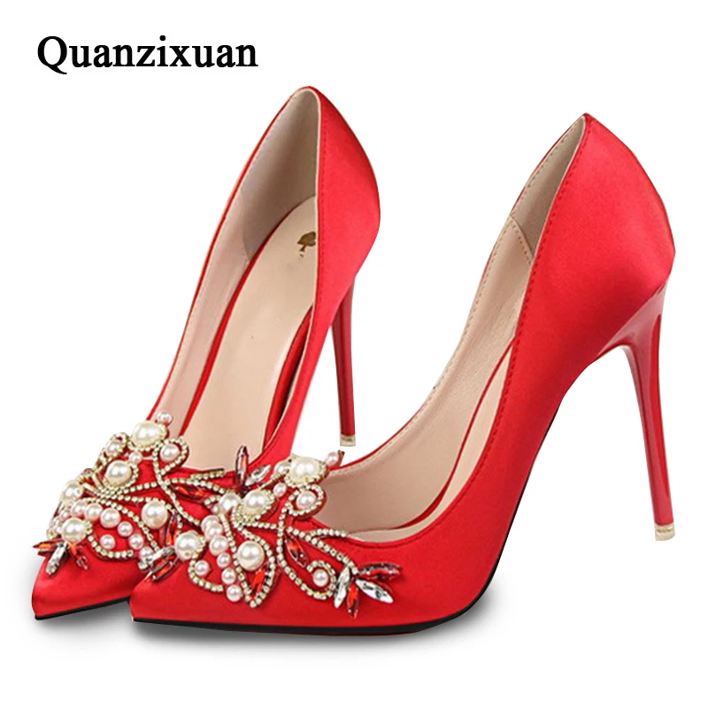 Quanzixuan Women Heel Shoes High Heels Fashion Rhinestone Pearl Women