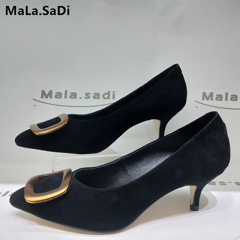 New Fashion Women High Quality Sheepskin Kid Suede Leather Office Lady Pump Med Heels Shollow Elegant Pointed Toe Dress Shoes