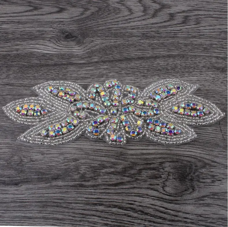 

2 Pieces/lot 12*6cm Crystal AB Patches Rhinestone Beaded Applique for Headpiece Bridal Sash Wedding Dress
