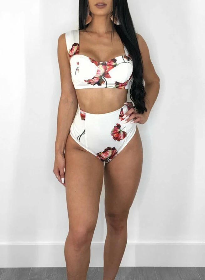

2 Pieces Flower Print High Waist Push up Padded Bikini Set Swimsuit Bathing Suit Swimwear