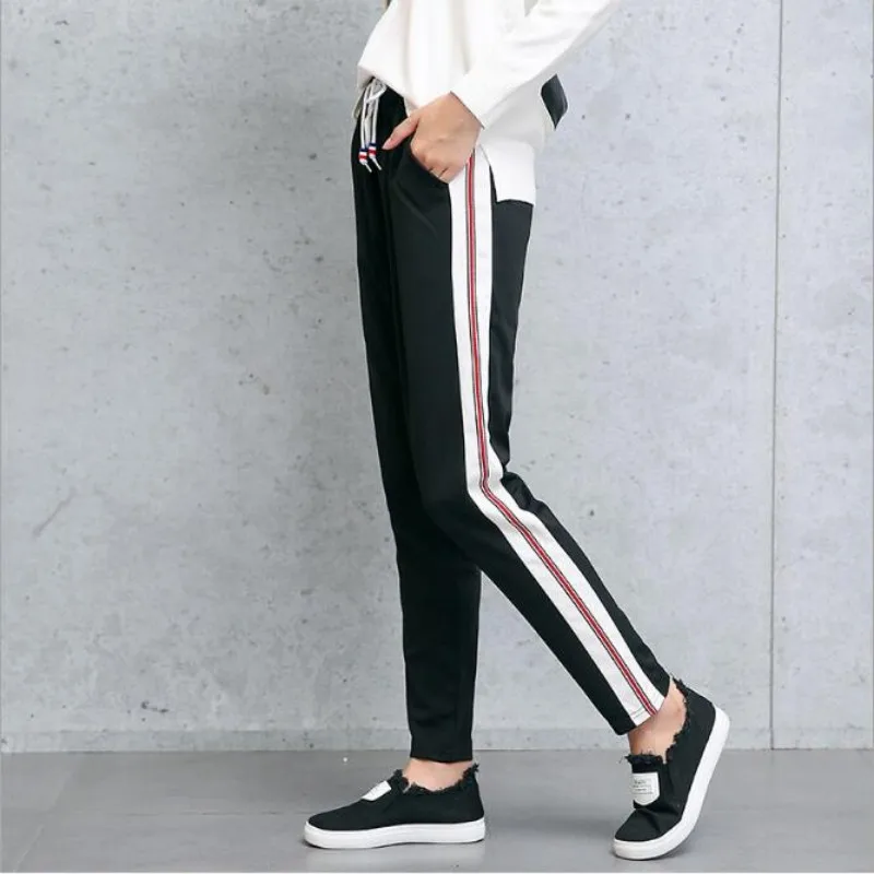 

2018 New Arrival Side Striped Harem Pants Women Elastic High Waist Sweatpants joggers women Black Casual Pants Trousers Women