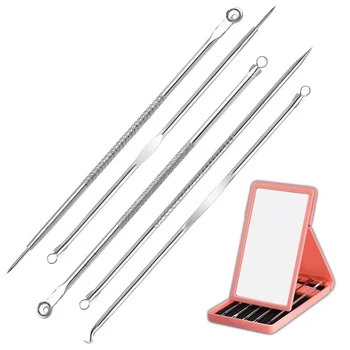 

5pc/set with Mirror Acne Needle Set Pore Spot Cleaner Blackhead&Blemish Pimples Removers Blackhead Tweezers Face Skin Care Tools