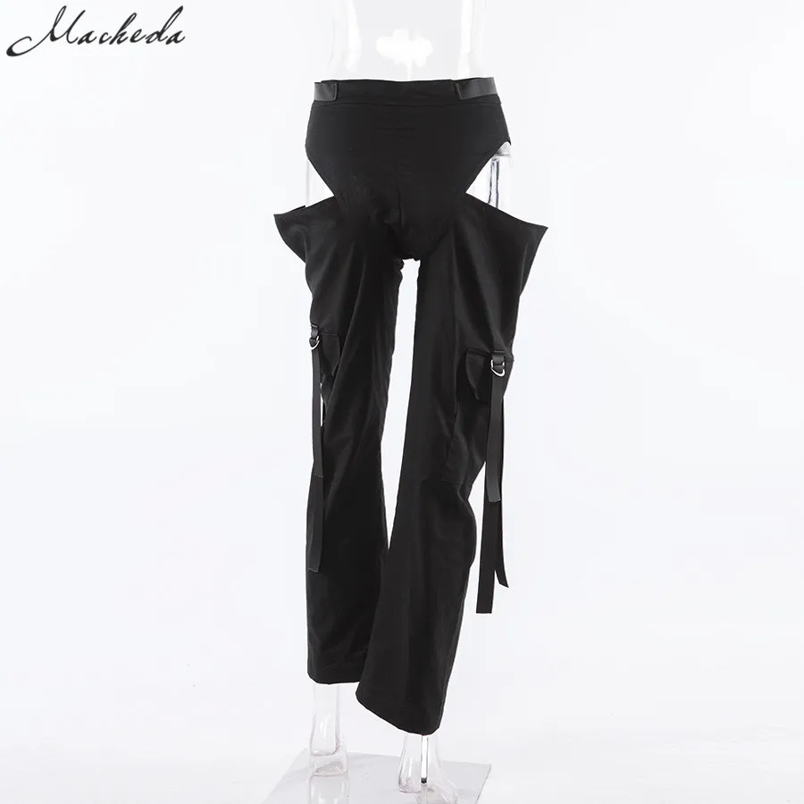Macheda Женские чёрные шорты штаны на молнии с ленточками на высокой талии