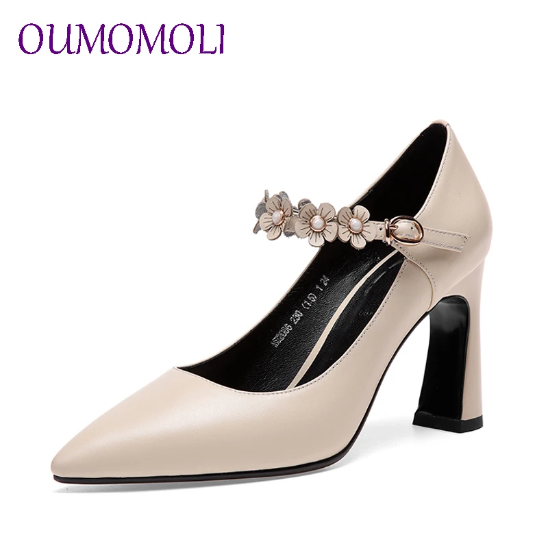 

2019 newest high quality genuine leather pointed toe super high strange style Flower decoration buckle black beige d743